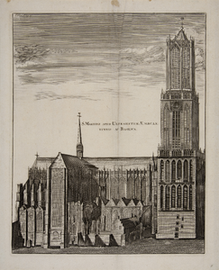 31022 Gezicht op de Domkerk en het Domkerkhof te Utrecht uit het noordwesten, met rechts het Bisschopshof met de ...